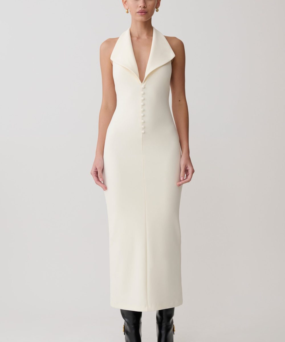Annita Crepe Halter Midi Dress - Ivory