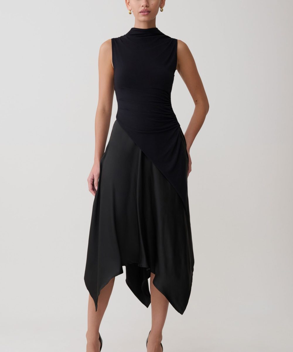 Coralie Asymmetric Satin Midi Skirt - Black