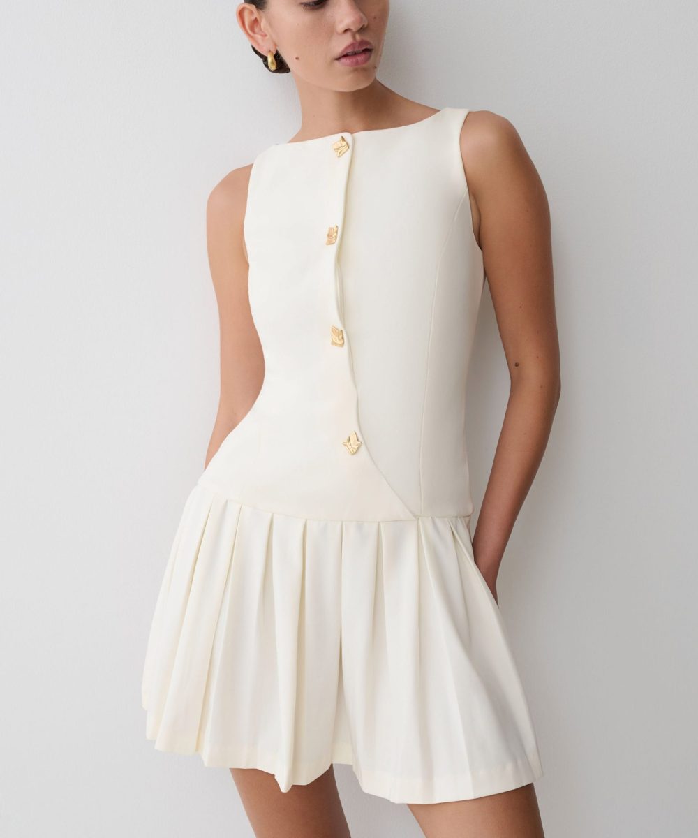 Mackenzie Sleeveless Pleated Mini Dress - Ivory