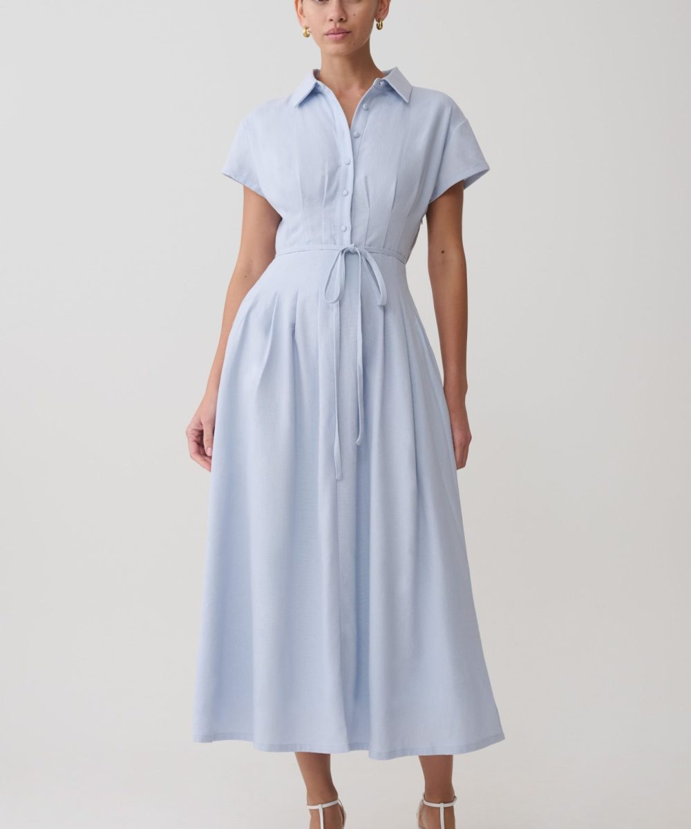 Aysha Buttoned Linen Midi Dress - Cornflower Blue