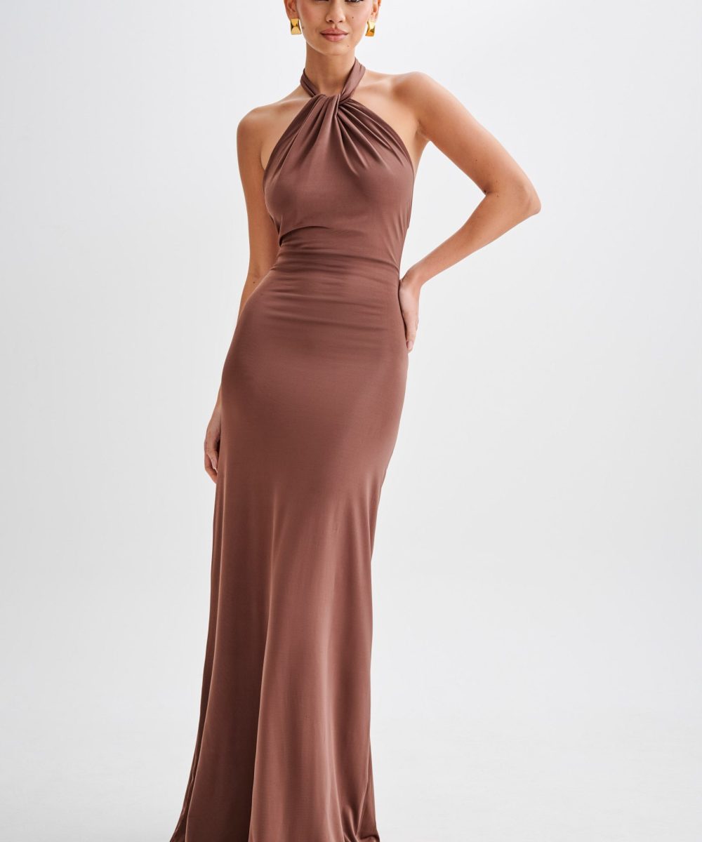 Elyna Slinky Halter Maxi Dress - Chocolate