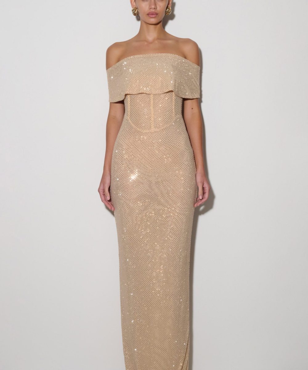 Phi Multi-Wear Cowl Diamante Maxi Dress - Gold