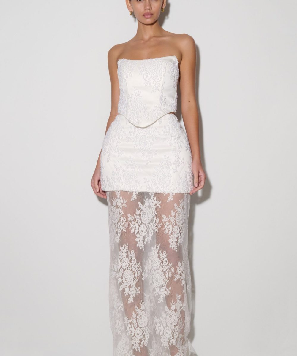 Camille Beaded Satin And Lace Corset Top - Ivory