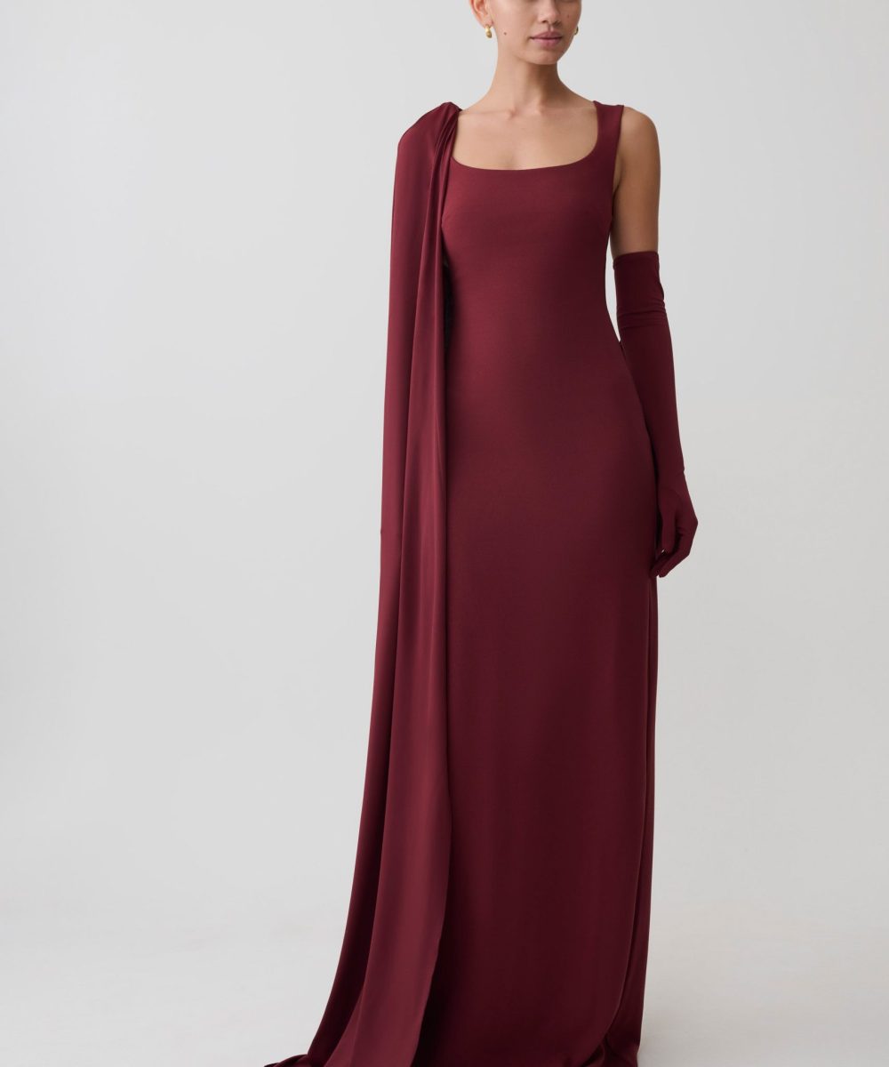 Rhea Detachable Cape Jersey Maxi Dress - Wine