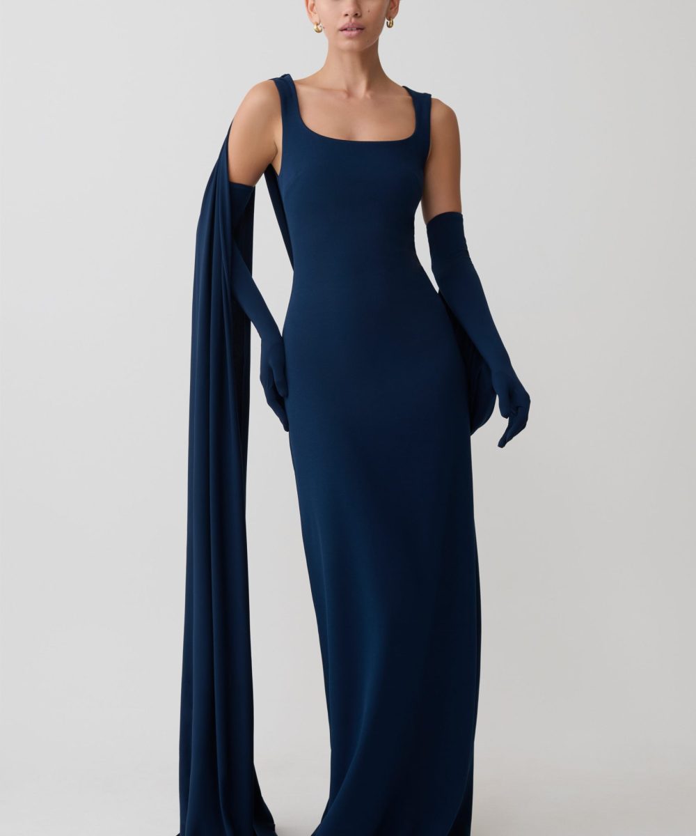 Rhea Detachable Cape Jersey Maxi Dress - Navy