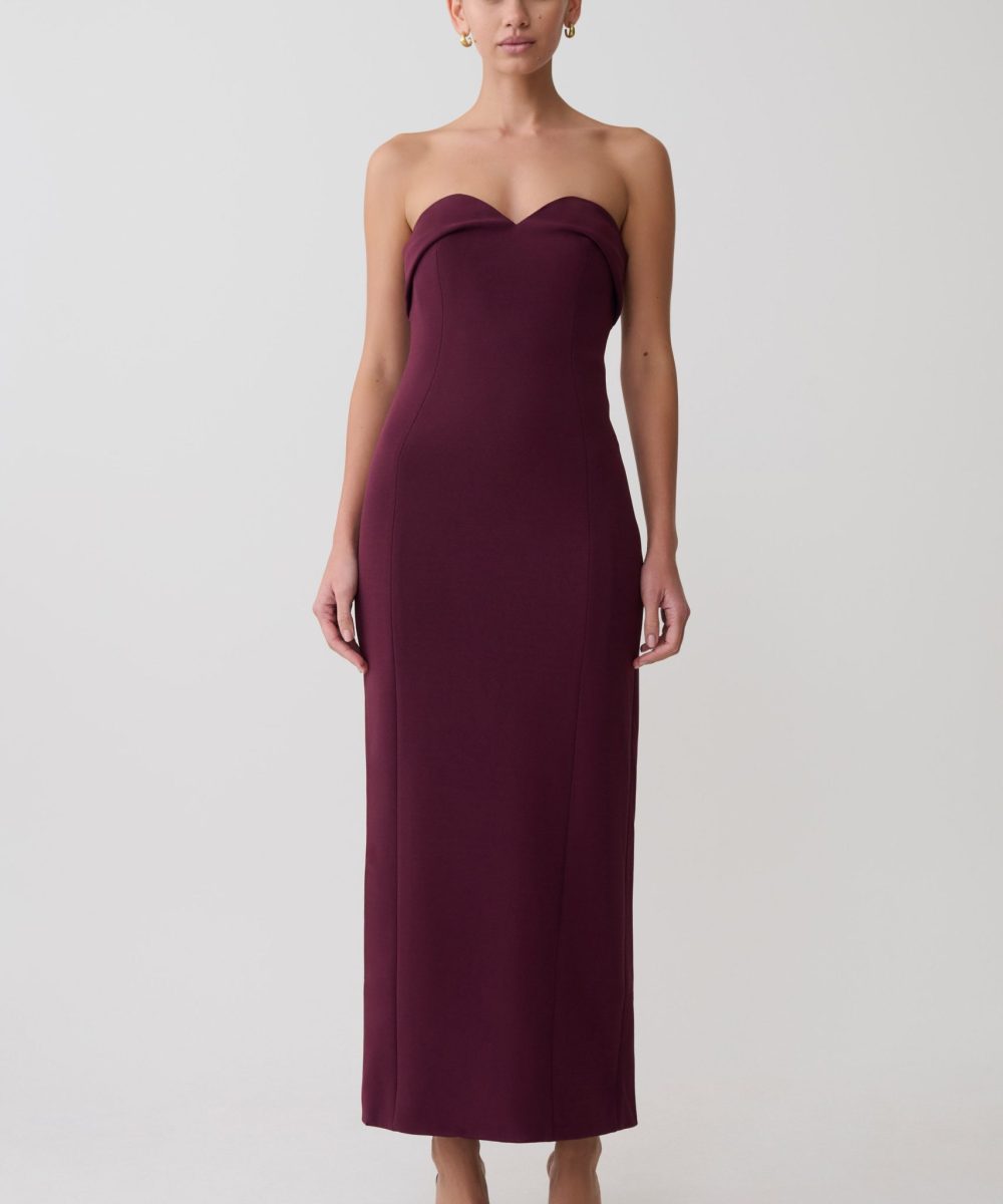 Cary Folded Strapless Crepe Midi Dress - Wine