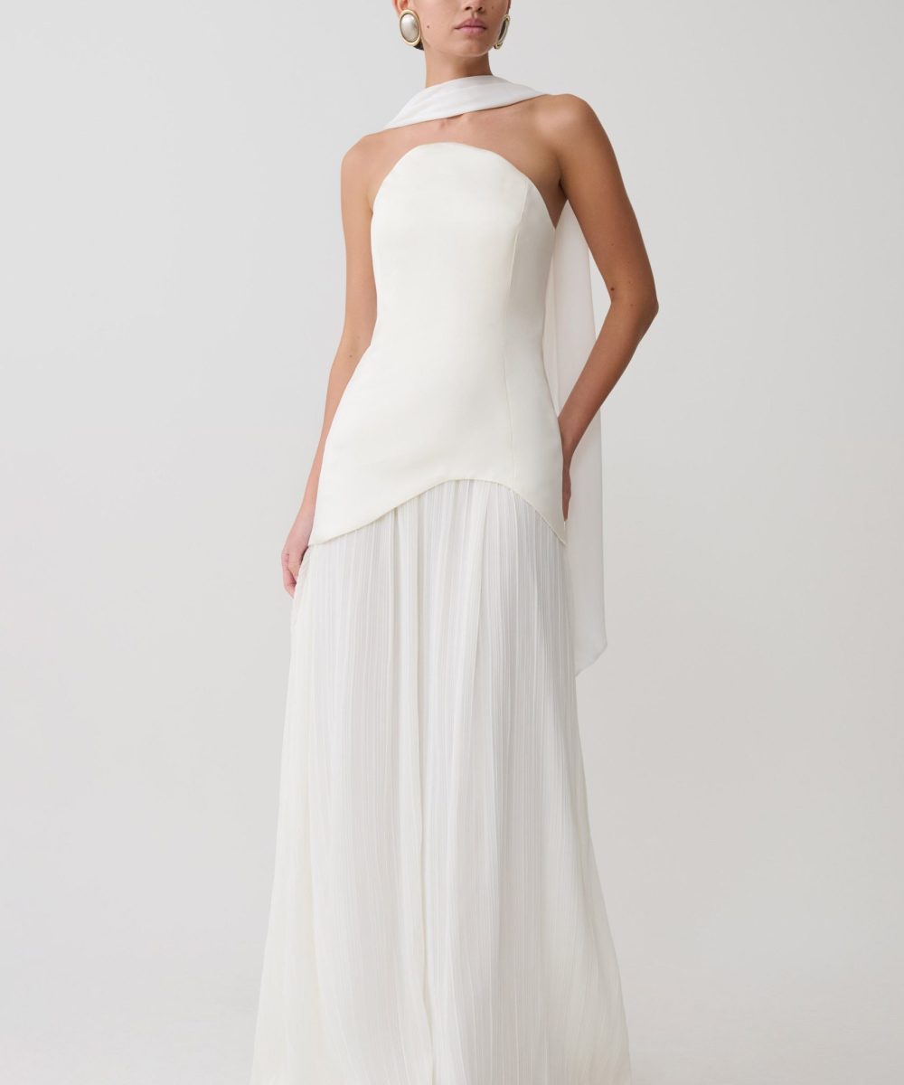Juno Strapless Pleated Maxi Gown - White