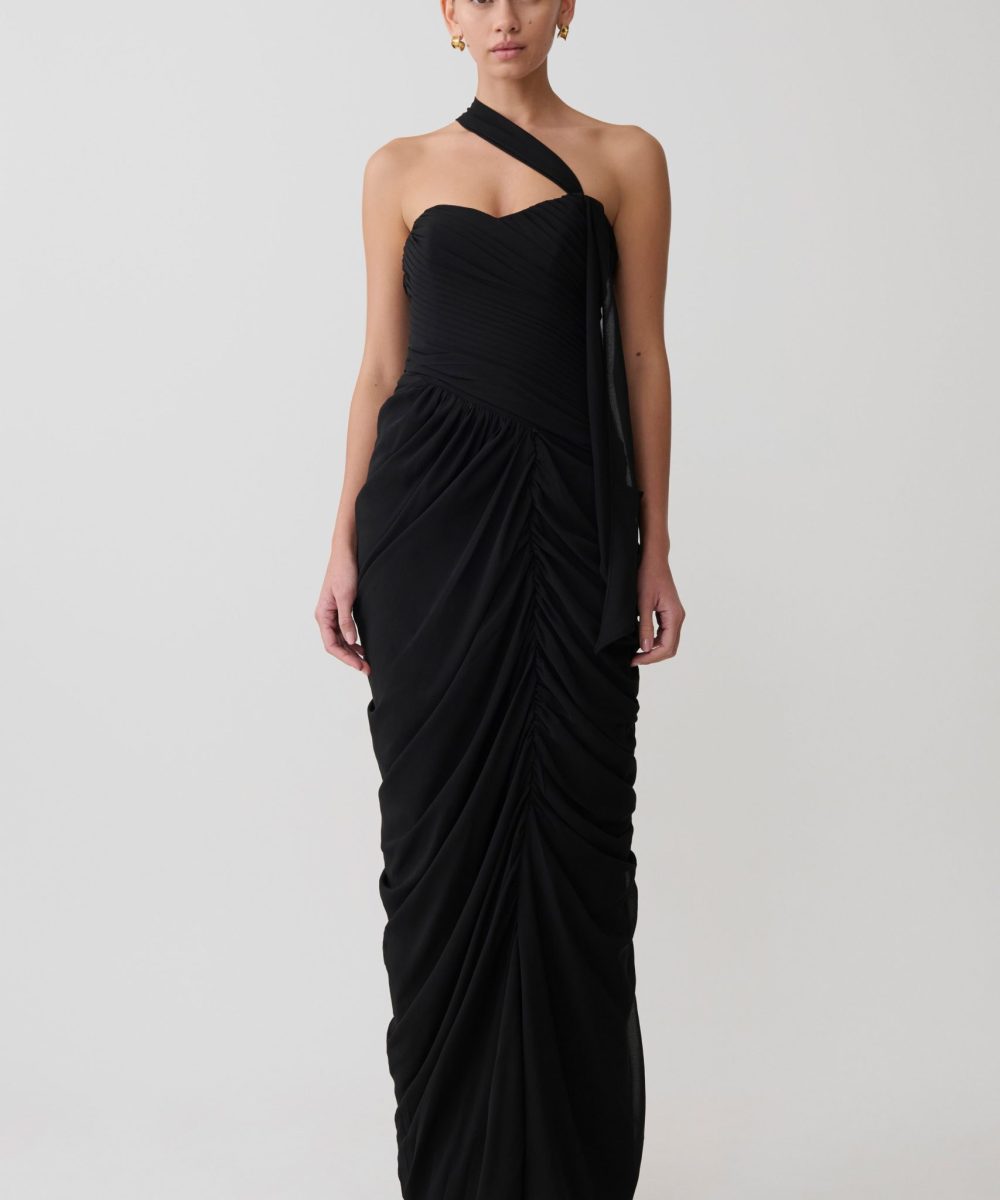 Micaela Chiffon Gathered Maxi Dress - Black