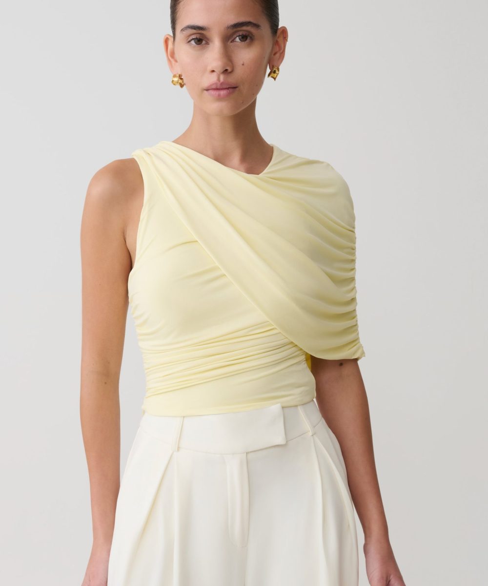 Adrienne One Shoulder Slinky Top - Lemon