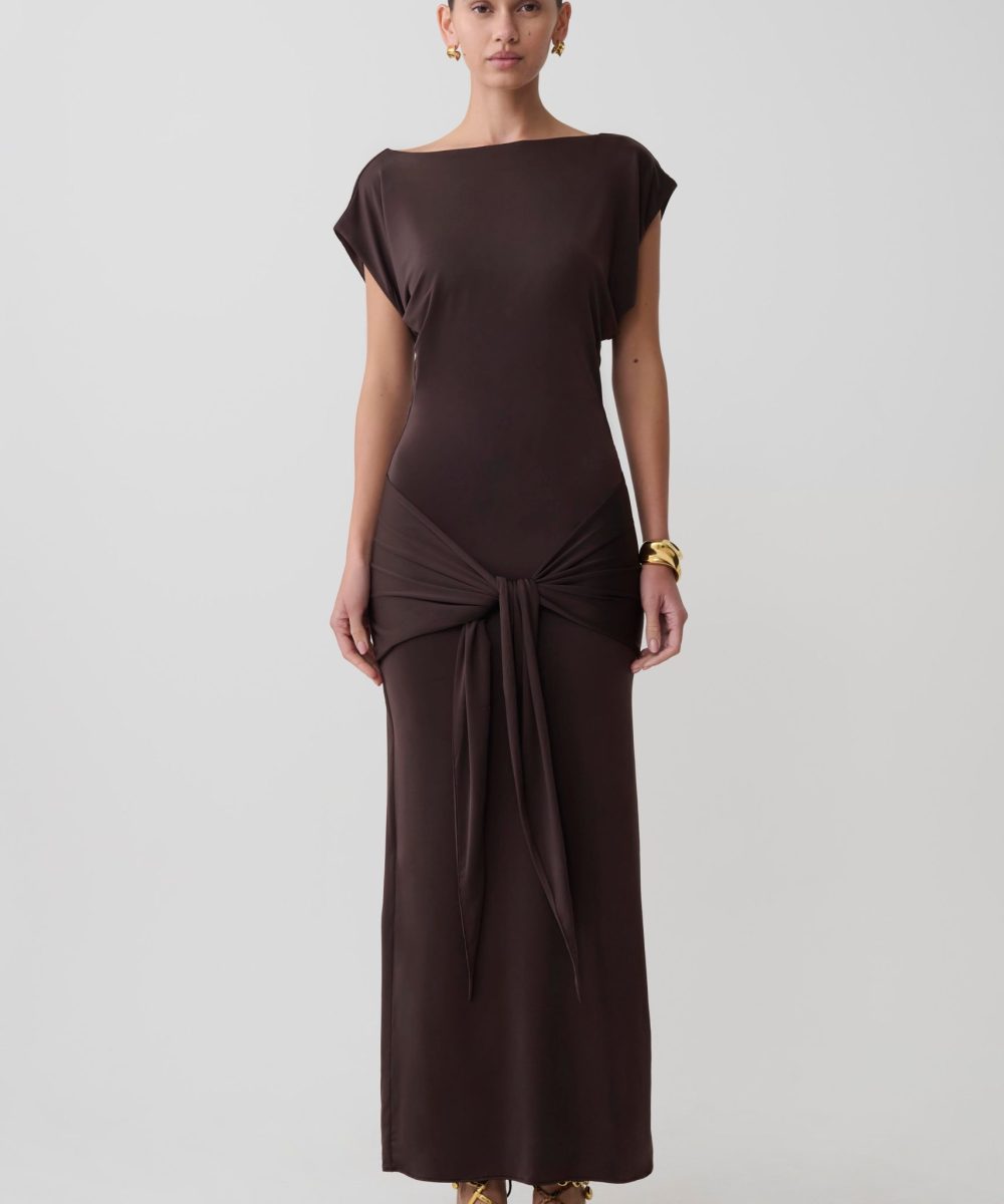 Maiara Shortsleeve Slinky Tie Maxi Dress - Chocolate