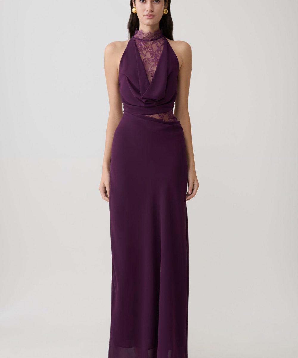 Arra Chiffon And Lace Halter Maxi Dress - Plum