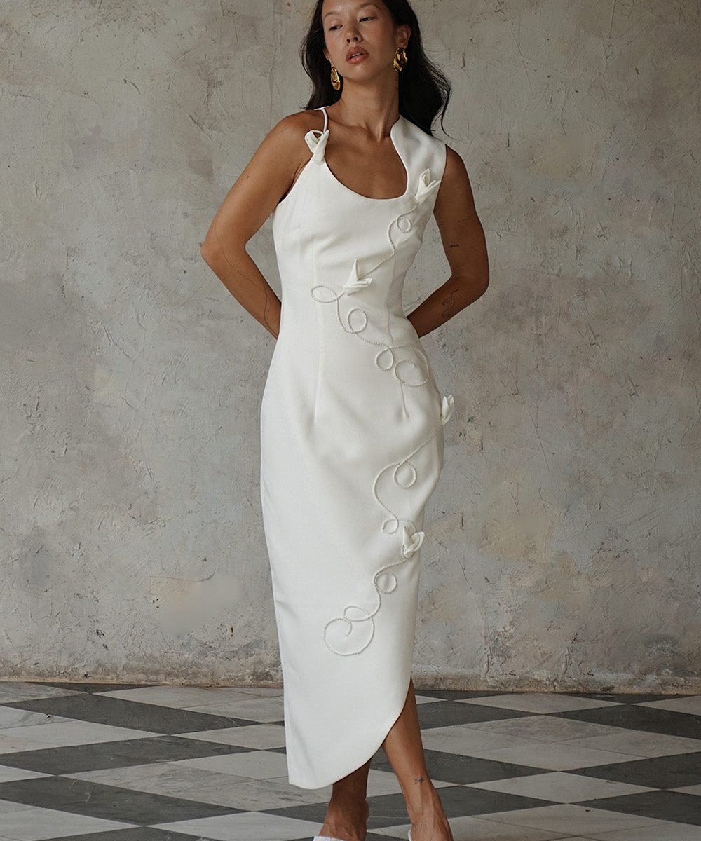 Virginia Suiting Embroidered Midi Dress - White