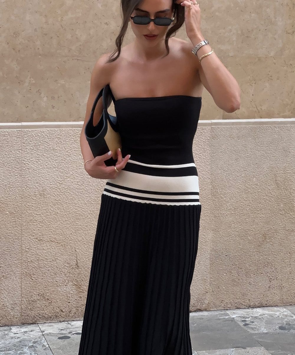 Solaris Strapless Contrast Knit Maxi Dress - Black/White
