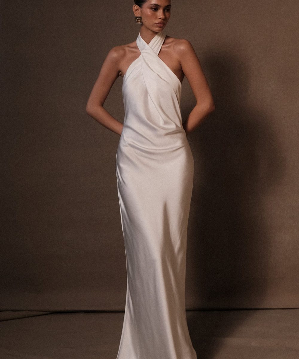Laura Halter Satin Gown - White