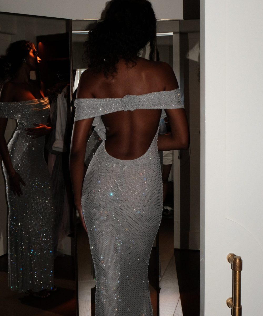 Arna Off Shoulder Diamante Maxi Dress - Silver