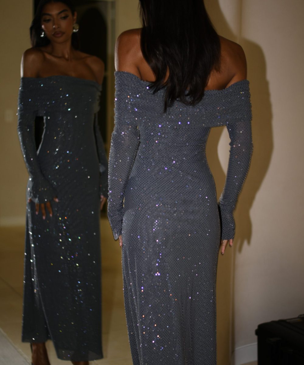 Marcel Off Shoulder Diamante Maxi Dress - Gunmetal