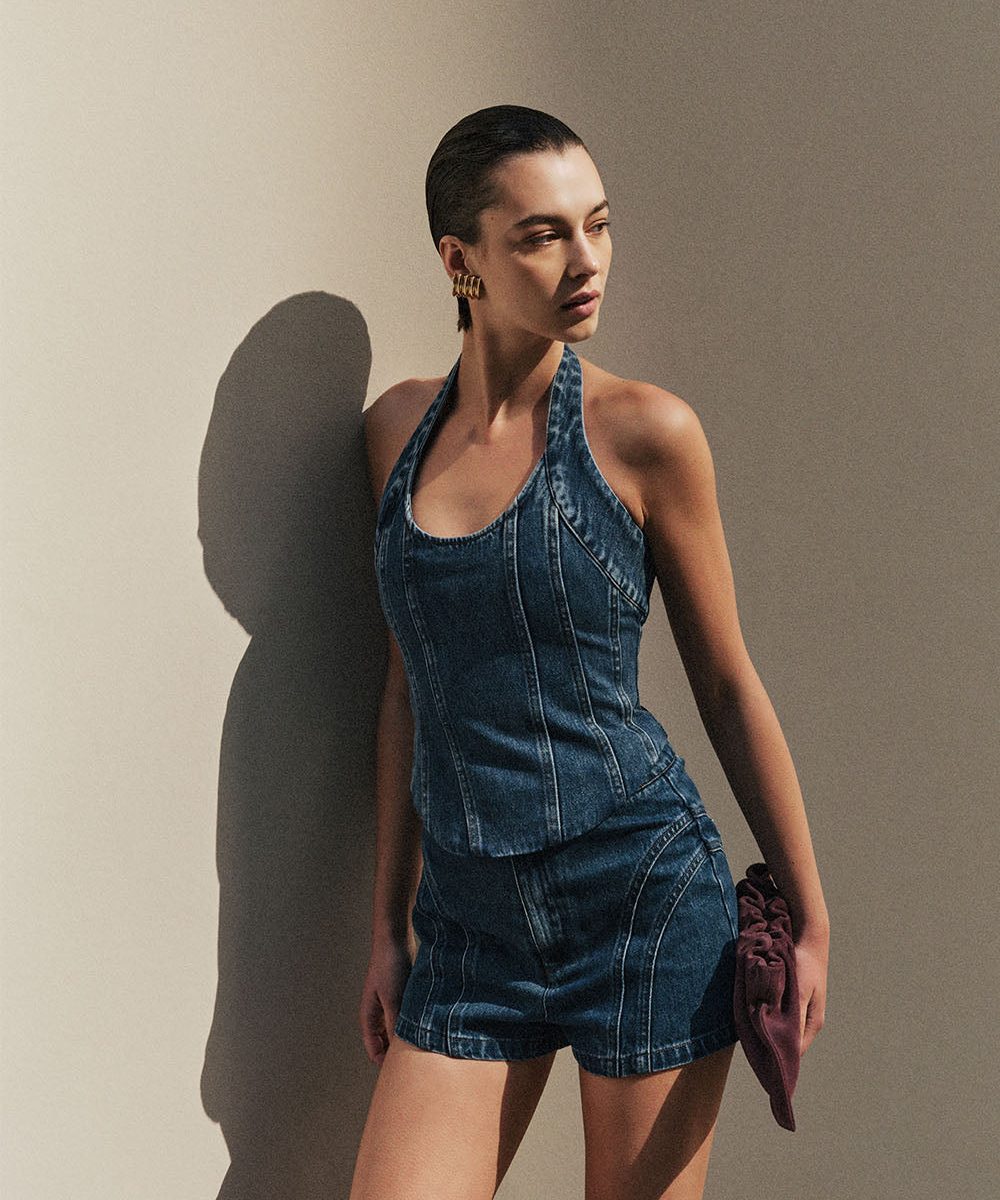 Meadow Denim Corset Halter Top - Dark Blue