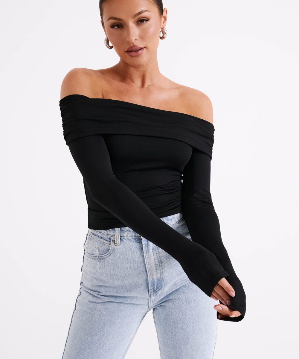 Lucinda Recycled Nylon Off Shoulder Top - Black