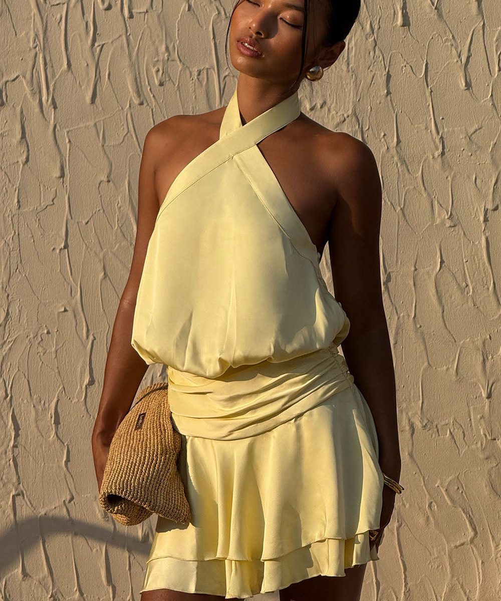 Poppy Satin Halter Mini Dress - Lemon