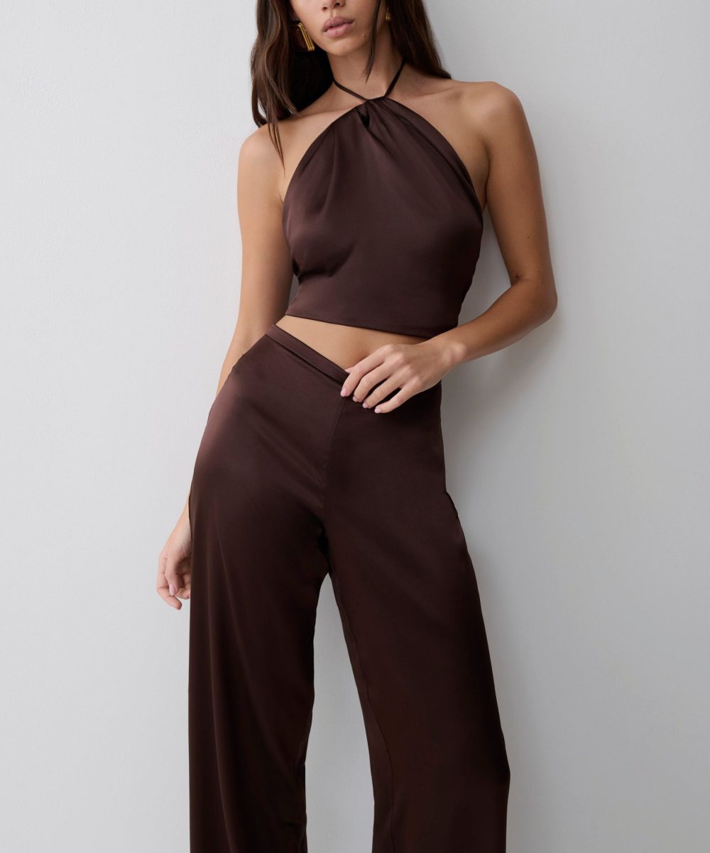 Mariana Halter Silk Blend Sleeveless Top - Dark Chocolate