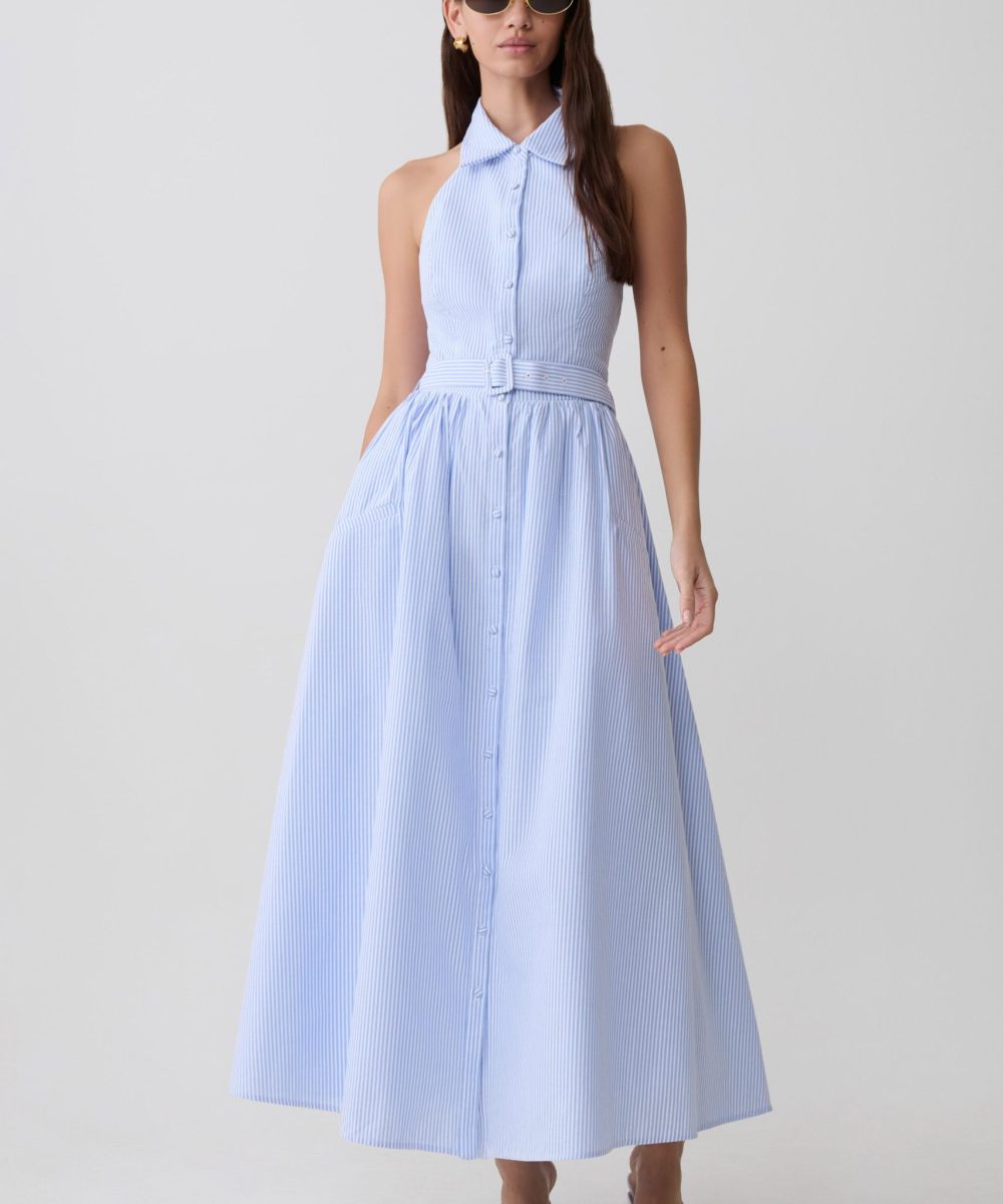 Cindy Collared Midi Dress - Blue Pinstripe