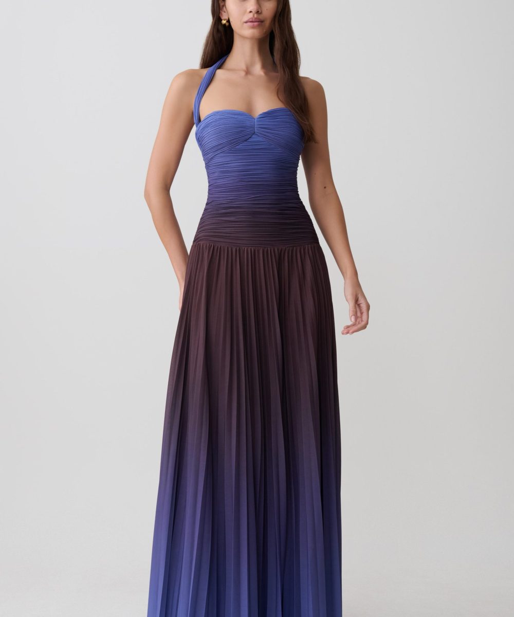 Azizi Pleated Halter Midi Dress - Chocolate & Blue Ombre Print