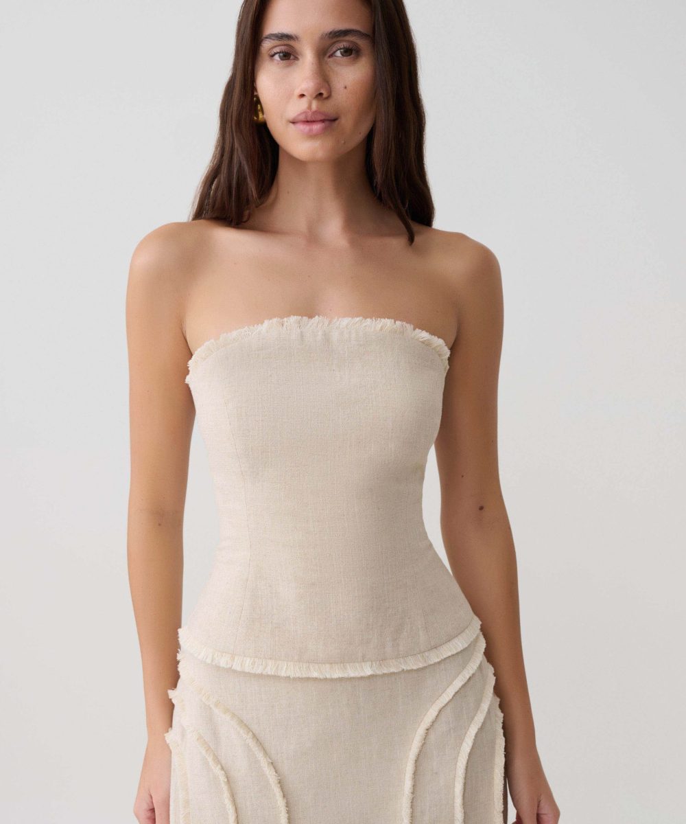 Annie Strapless Tie Back Linen Top - Natural