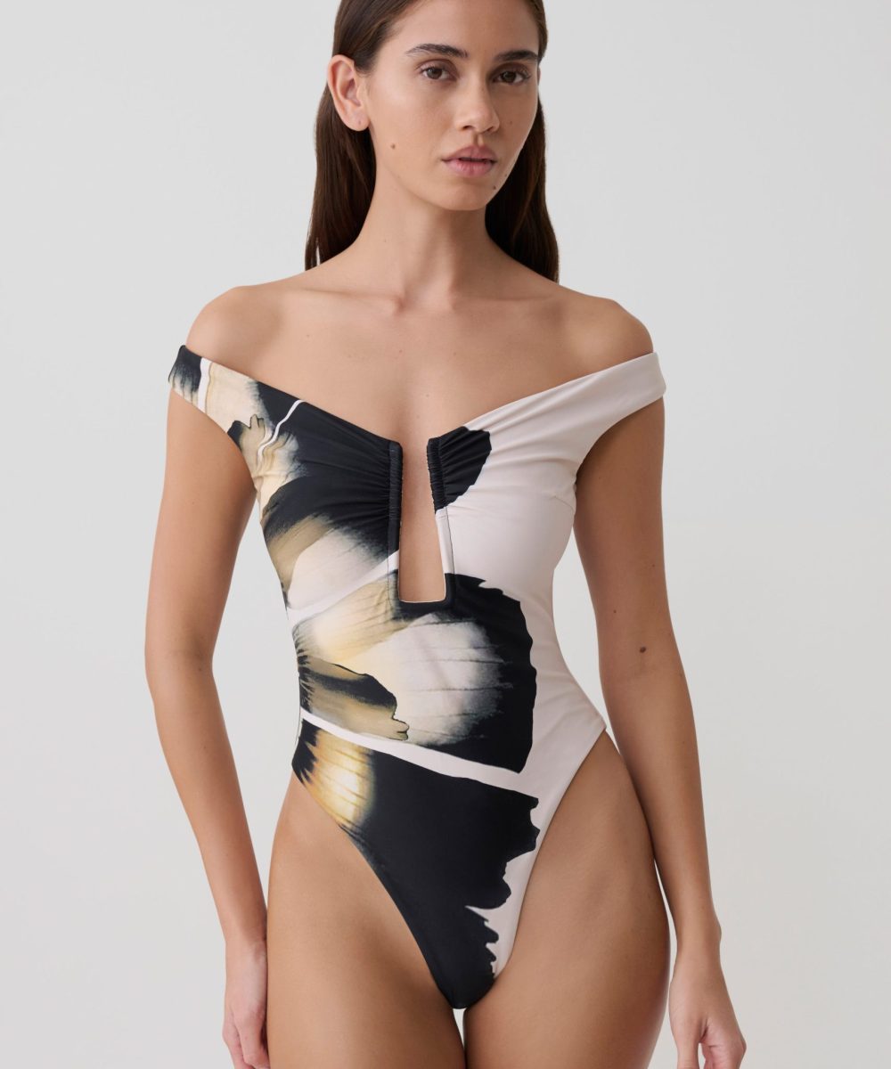 Yumi U-Wire Plunge One Piece Swimsuit - Ivory Base Floral Print