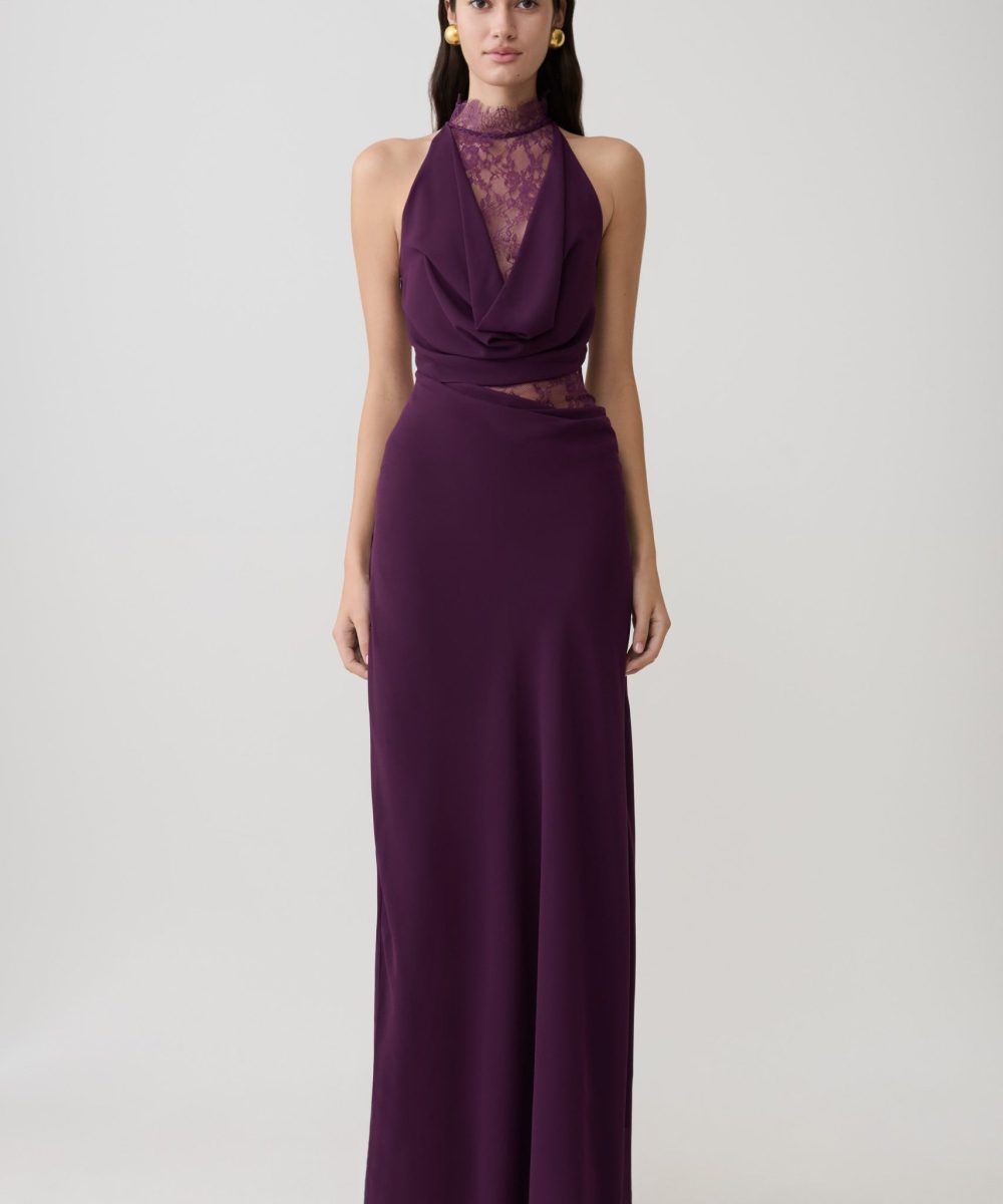 Arra Chiffon And Lace Halter Maxi Dress - Plum